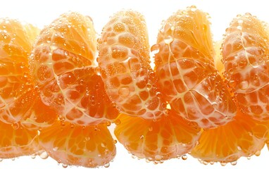 Fresh juicy orange segments closely aligned with water droplets. High-quality food image showcasing vibrant colors and textures.
