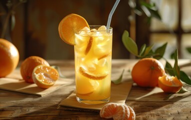 Fototapeta premium Fresh orange juice in a tall glass with ice and orange slices, surrounded by whole and halved oranges on a rustic wooden table.