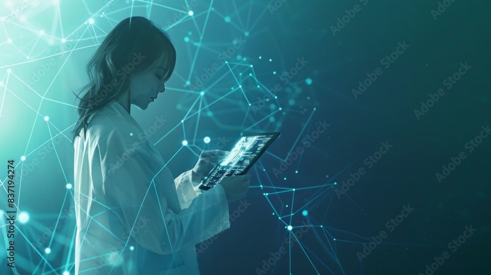 Poster artificial intelligence scientist utilizes hightech holographic interface in a futuristic digital wo