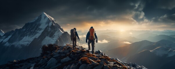 Hikers trekking on a mountain ridge at sunrise, surrounded by majestic peaks and dramatic sky, highlighting adventure and natural beauty.