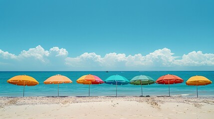 Fototapeta premium Colorful Beach Umbrellas Lined Up on a Sandy Shore with a Clear Blue Sky and Calm Ocean in the Background on a Sunny Day