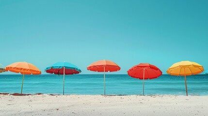 Colorful Beach Umbrellas Lined Up on a Sandy Shore with Clear Blue Sky and Calm Ocean in the Background on a Sunny Day