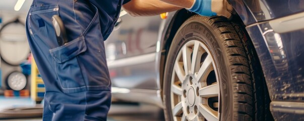 Mechanic changing a tire, efficient and quick, selective focus, routine maintenance, vibrant, Overlay, garage backdrop