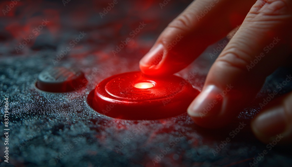 Aufkleber close-up of a hand pressing a red button with glowing light on a dark textured surface, symbolizing 