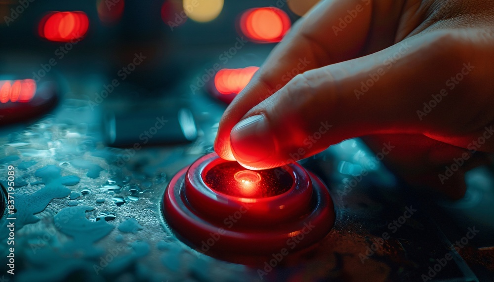 Aufkleber close-up of hand pressing red button on control panel with blurred background and glowing lights in 