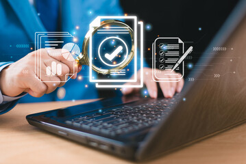 Document management service approve concept. Inspect check system, online document database, process manage file. Businessman hold magnifying glass. Audit compliance corporate business technology