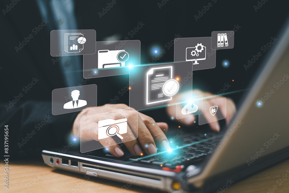 Poster document management services concept. business database electronic document, online data storage net