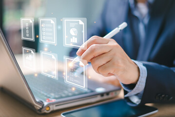 Approve document management service concept. Inspect check system, online document database, process manages the digital file. Businessman audit checklist, compliance corporate business technology.