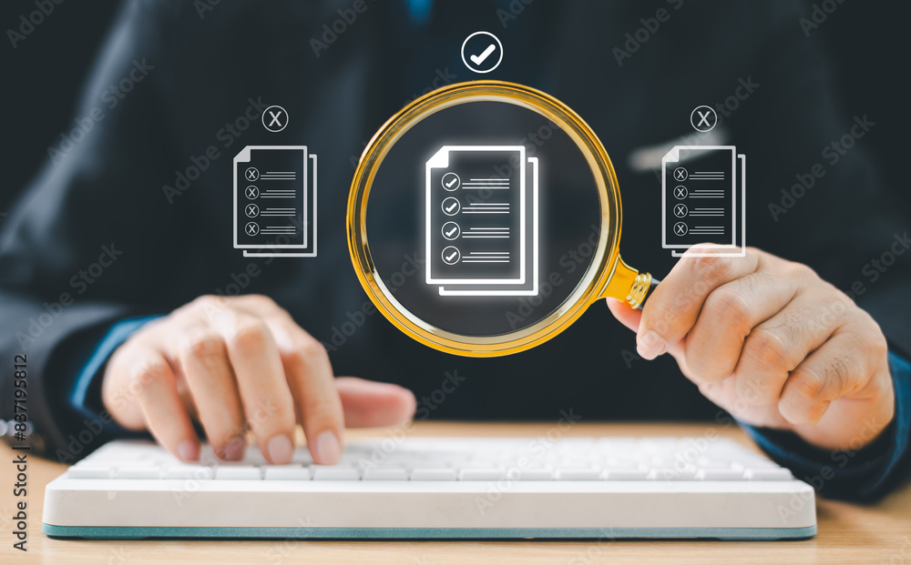 Poster document management service approve concept. inspect check system, online document database, process