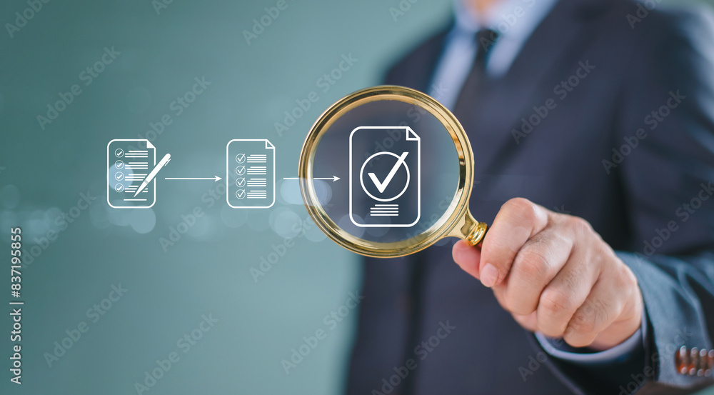 Poster document management service approve concept. inspect check system, online document database, process