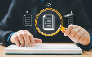 Document management service approve concept. Inspect check system, online document database,...