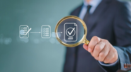 Document management service approve concept. Inspect check system, online document database, process manage file. Businessman hold magnifying glass. Audit compliance corporate business technology