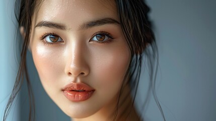 Close-up Portrait of a Young Woman with Natural Makeup and Smooth Skin, Capturing Her Expressive Eyes and Soft Features in a Serene Setting