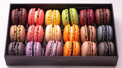 Colorful Assorted Macarons in a Box - Vibrant French Pastries Displayed in a Neat Row - Perfect for Dessert, Bakery, and Culinary Themes