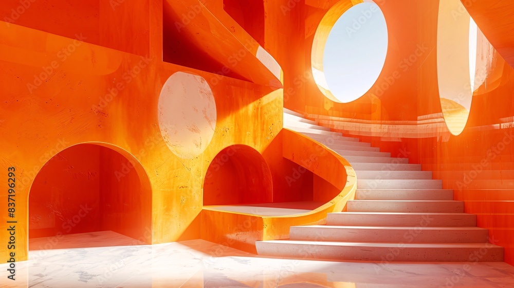Poster modern abstract architecture with bold orange colors and unique geometric shapes featuring a spiral 