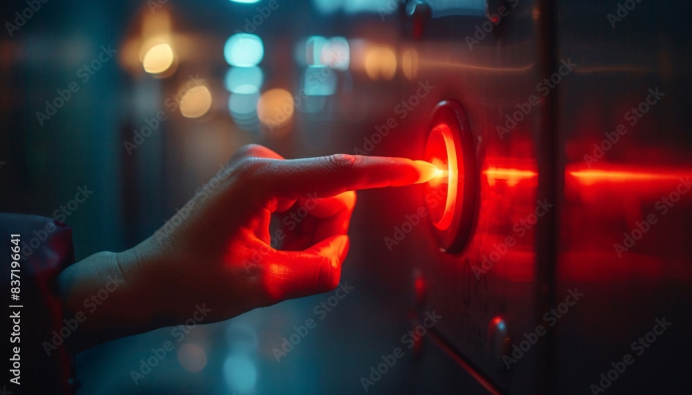 Poster close-up of hand pressing red button in modern industrial setting with blurred background lights
