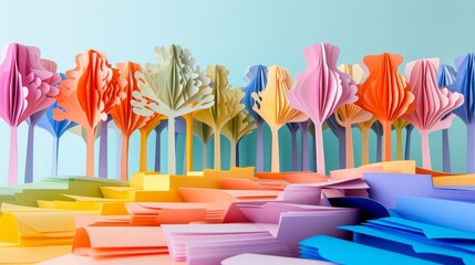 a photo where a stack of paper is transformed into a multi-colored forest or park to highlight the opportunity to reuse waste paper for environmental conservation. --no text --ar 16:9 --quality 0.5
