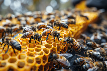 A beekeeper inspects a honeycomb frame at an apiary.
