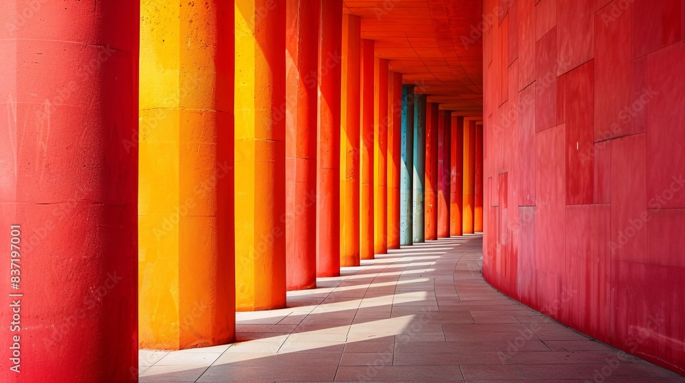 Poster vibrant architectural corridor with colorful columns and shadows in modern urban setting