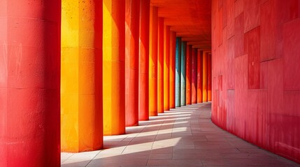 Fototapeta premium Vibrant Architectural Corridor with Colorful Columns and Shadows in Modern Urban Setting