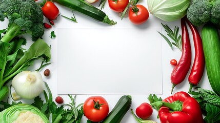 Empty white background surrounded vegetables with copy space. Top view of healthy food concept.