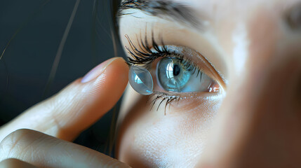 How to insert contact lenses. Woman apply lens to eye close up
