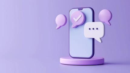 3D illustration of modern smartphone on podium stage stand surrounded by chat bubble icons with online communication messaging tech concept
