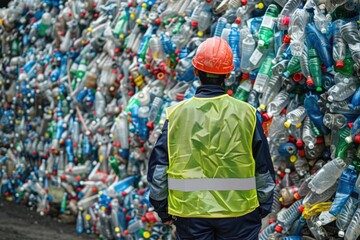 An environmental engineer in safety gear inspects a large heap of PET plastic bottles at a recycling facility