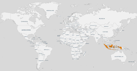 indonesia map.Geographical map of indonesia with world map highlighted.