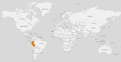 peru map.Geographical map of Peru with world map highlighted.