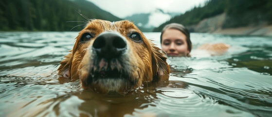 Close-up of a dog swimming in a lake with a girl in the background, surrounded by lush green mountains and overcast sky.