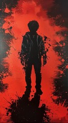 Silhouette of a mysterious teenager against a red abstract background