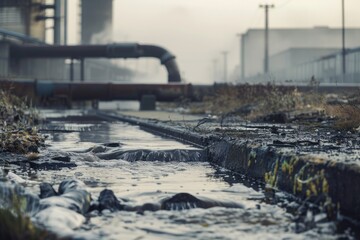  An industrial waste concept depicting the environmental issue of pollution, with untreated sewage water flowing