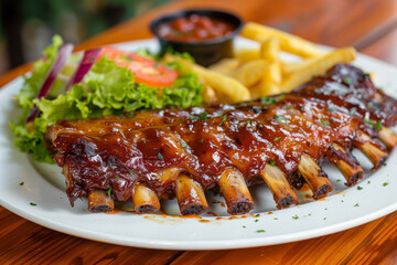 A close-up photo captures spare ribs served with chips on a plate, accompanied by a side salad. The plate is set on a wooden table, highlighting a hearty and appetizing meal