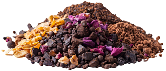 A pile of chocolate chips, nuts, and dried flower petals.