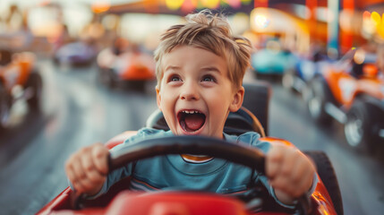 A cheerful and happy little boy drives a go-car excitedly, the background is a slightly blurred race track crowded with racing cars, AI generated Images