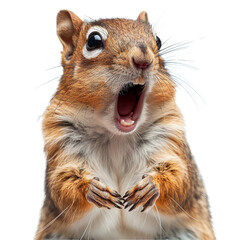 A surprised squirrel with its mouth wide open, looking up with large eyes. isolated on a white background.	
