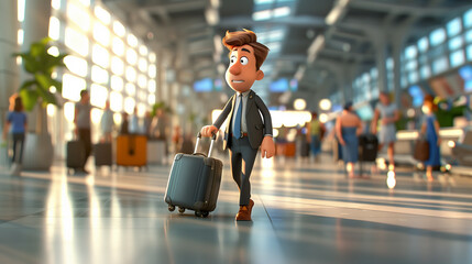 3D Illustration of a Cartoon Businessman at an Airport