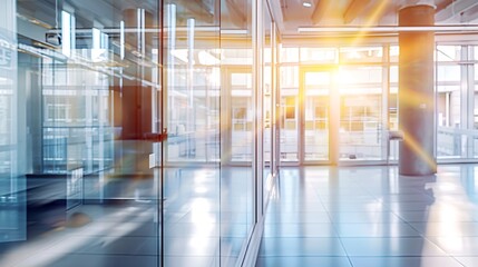 Obraz premium Blurry bright glass wall in the modern office with sunlight