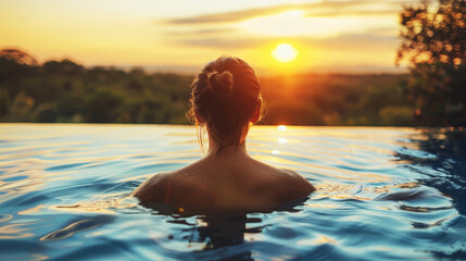 Fototapeta premium Woman enjoys a serene sunset view from an infinity pool, reflecting the vibrant colors of the fading daylight in a tranquil setting.