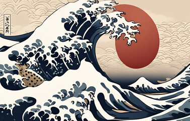 Wave hokusai on raising sun background in japanese style AI generated Big tsunami in traditional oriental style, illustration big ocean wave with sun poster in japanese style vector for wall art print