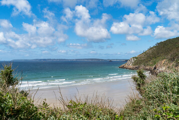 À travers les arbustes, une ouverture dévoile une plage de sable et les eaux turquoise de la mer d'Iroise sur la presqu'île de Crozon en Bretagne.