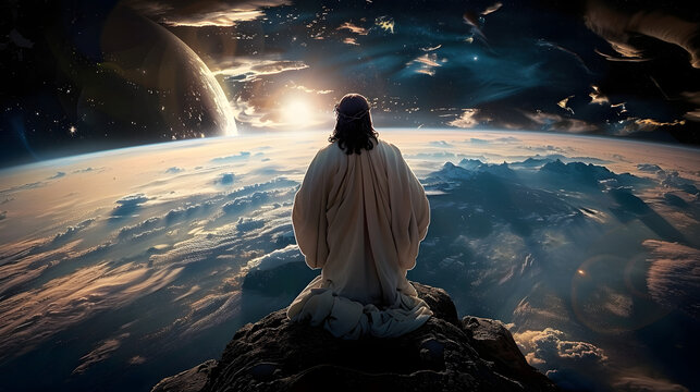 Jesus as the redeemer watching over the earth from space, 