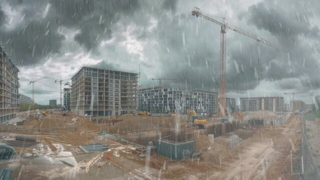 Heavy rain at a construction site
