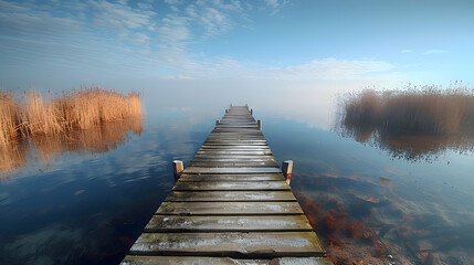 A vibrant nature sandbar landscape with a wooden pier extending into the water, the calm surface reflecting the sky