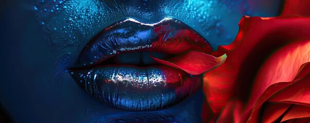 Close-up of blue shimmering lips holding a red rose petal, blending beauty, sensuality, and color contrast.