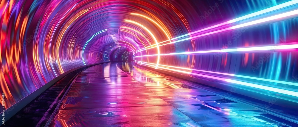 Poster futuristic neon tunnel with vibrant colors and glowing lights, creating a surreal and dynamic enviro