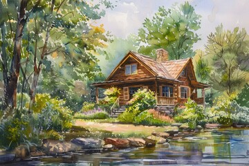 Riverside Retreat: A Hand-Painted Watercolor Cottage Surrounded by Lush Garden