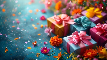 Colorful gift boxes with flowers and confetti on a blue background,