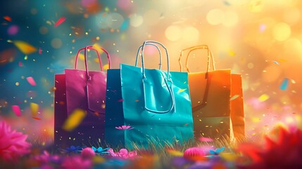 Colorful shopping bags against a backdrop of flowers.